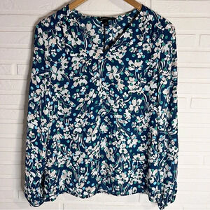 Banana Republic Blue Floral Long Sleeve Career V-Neck Blouse, Women’s Size XS
